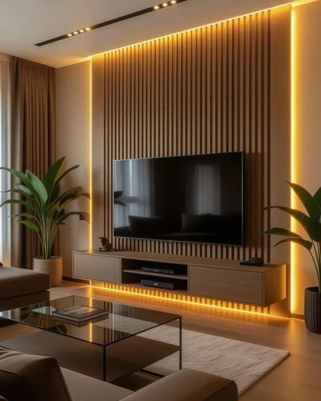 Sala com painel ripado de madeira iluminado por LED e televisão
